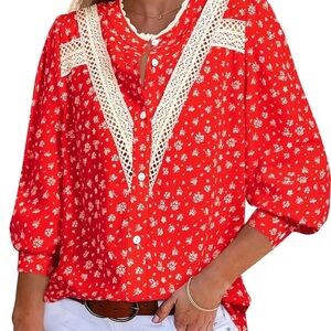 Red Floral Lace Patchwork Button Down Blouse – Cottagecore Boho Vintage Style, S